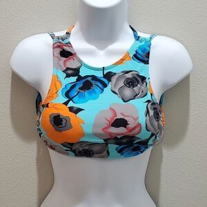 CHEEKY GAL CUPSAY SWIM TOP, Sz M, FLORAL, BLUE/ORANGE/GREY, NEW